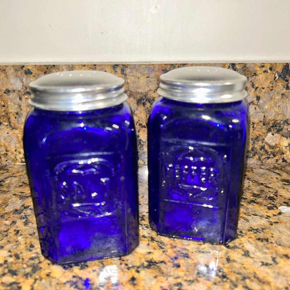 Vintage Cobalt Blue Glass Salt Pepper Jars with Silver Lids - Large Shakers EUC